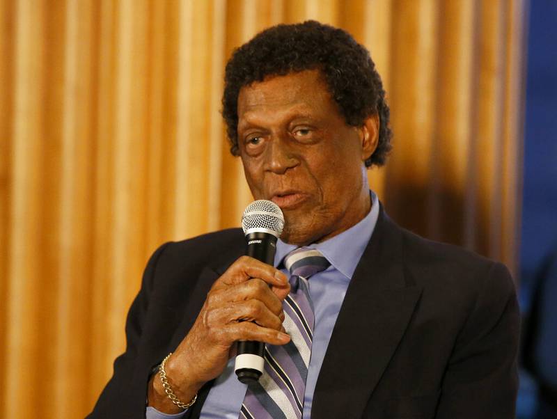 FILE PHOTO: NBA Hall of Fame and former player, Elgin Baylor speaks at an event before an NBA basketball game between the Los Angeles Clippers and the Dallas Mavericks in Los Angeles, Monday, Feb. 25, 2019. The Lakers announced the Hall of Famer died March 22 at the age of 86.