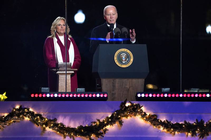 WASHINGTON, DC - NOVEMBER 30: U.S. President Joe Biden and first lady Jill Biden host the Lighting Ceremony of the National Christmas Tree in President's Park in the Ellipse of the White House on November 30, 2023 in Washington, DC. High winds toppled the tree on Tuesday but workers were able to right the 40-foot Norway spruce, which was planted just two weeks ago to replace another tree, planted in 2021, that had developed a fungal disease. (Photo by Nathan Howard/Getty Images)